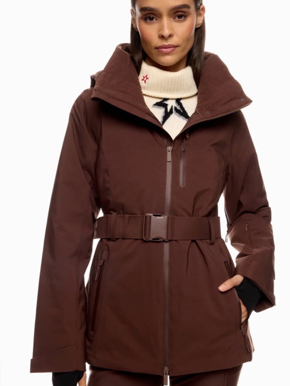 Women's Brown Belted Ski Jacket - Insulated Snow Coat